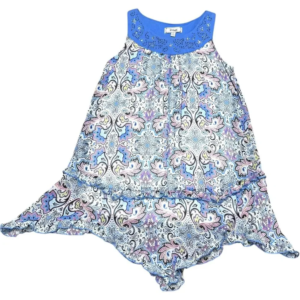 D-Signed Sleeveless Ruffle Tiered Bandana Dress Blue Pink Yellow Small 7/8